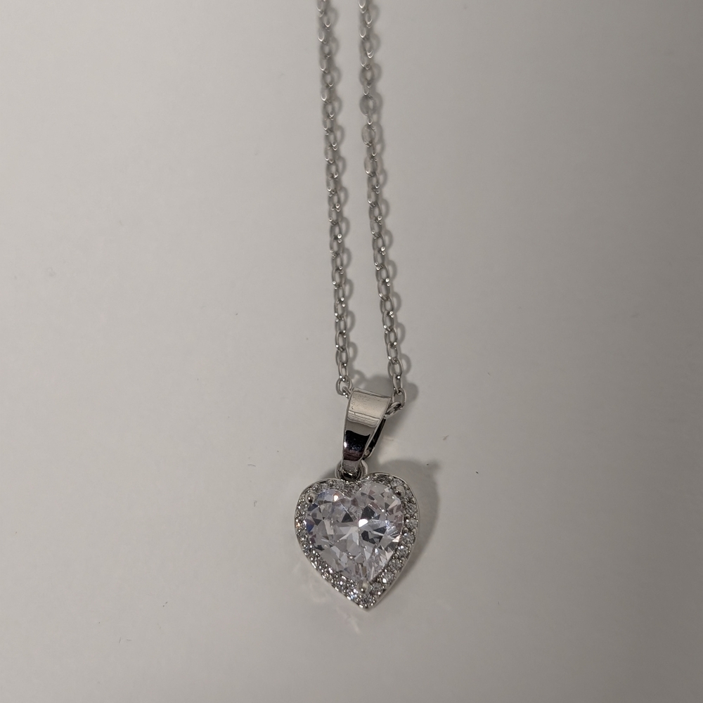 Silver Color Heart Pendant Necklace with Clear Crystal Accent